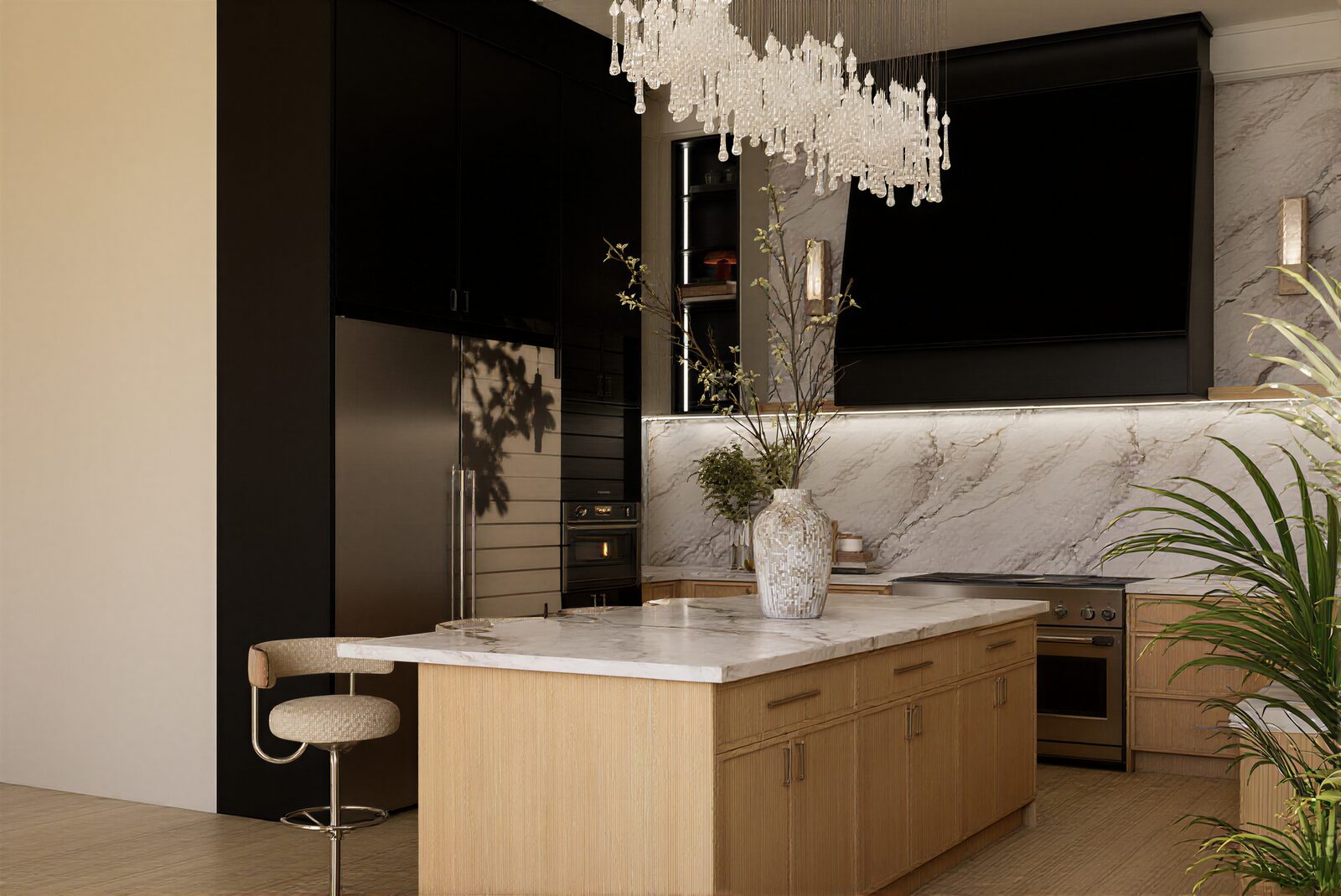 Kitchen island with marble countertop and brass fixtures