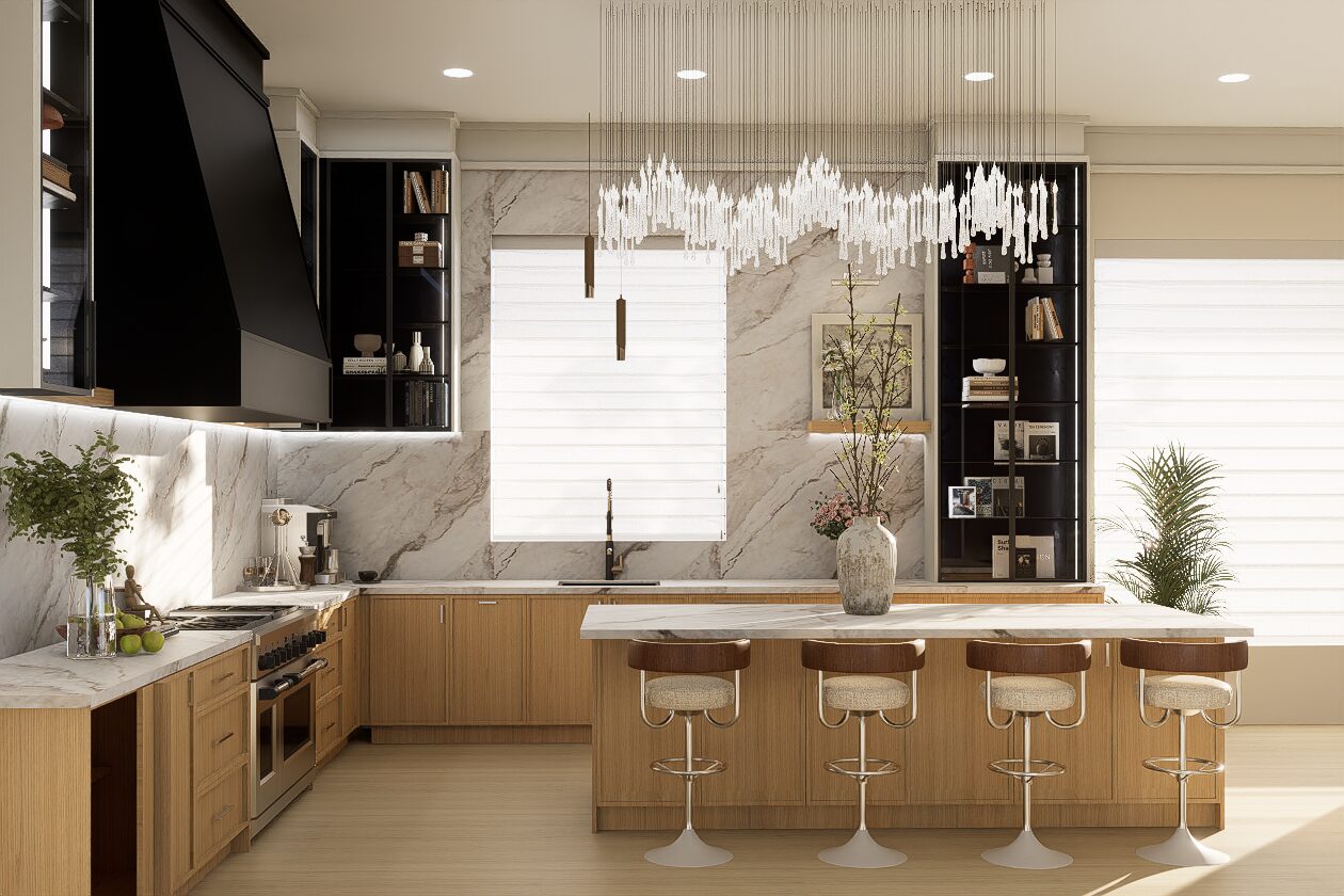 Kitchen view with black cabinetry and marble