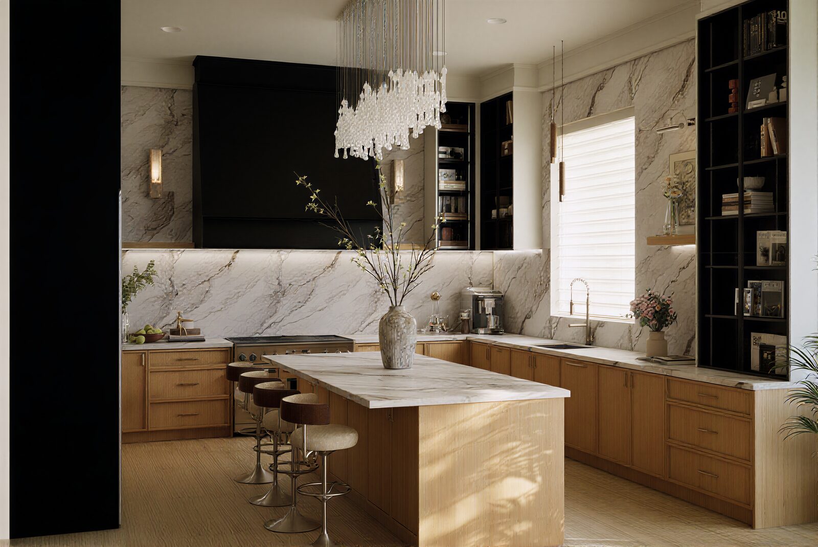 Hawthorn House kitchen with crystal chandelier and marble island
