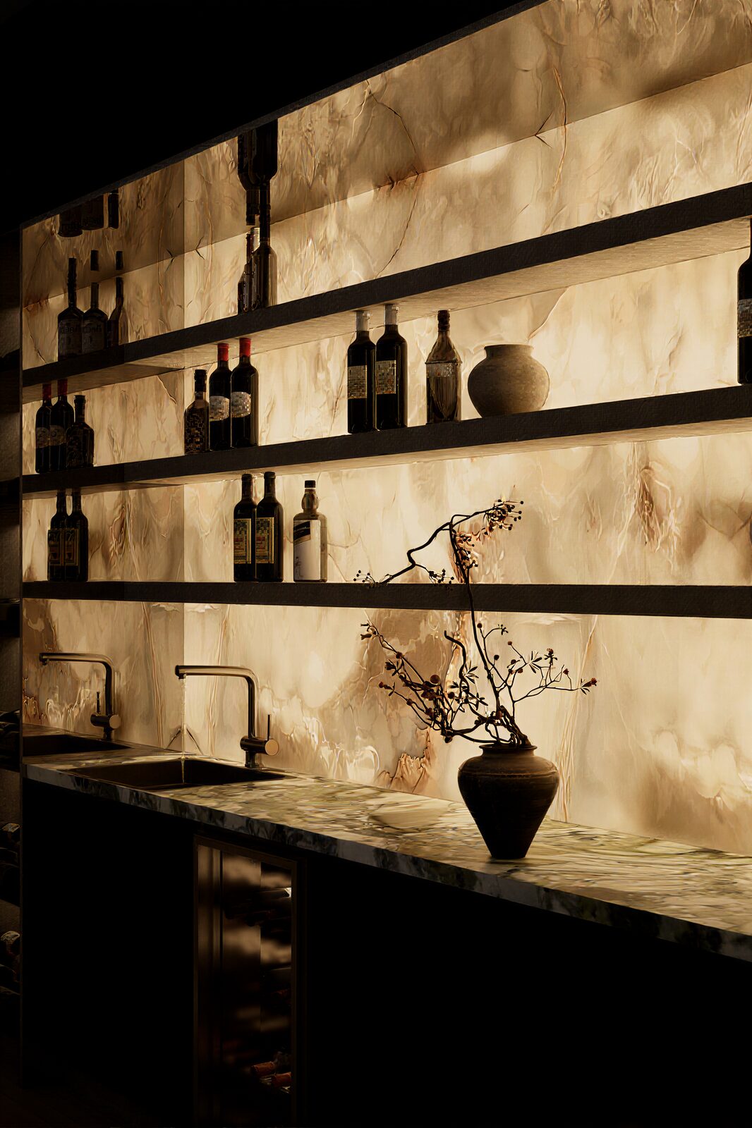 Bar area with backlit onyx shelving