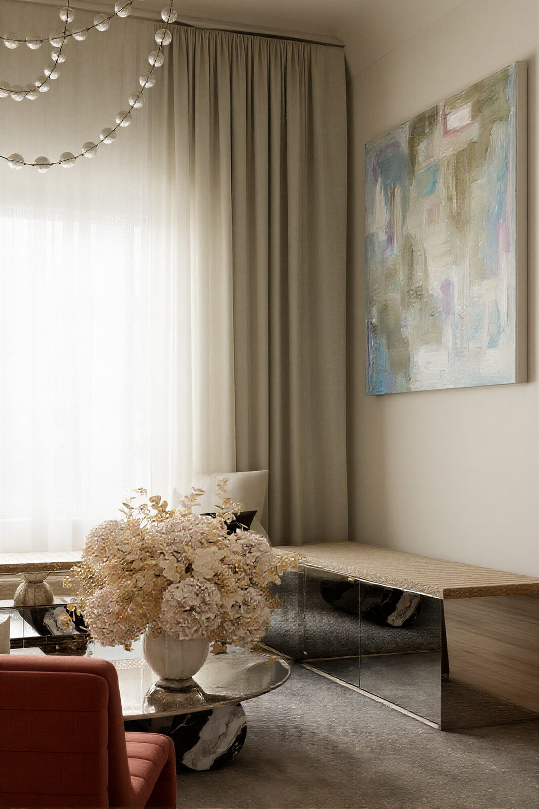 Living bench detail with floor lamp and marble coffee table