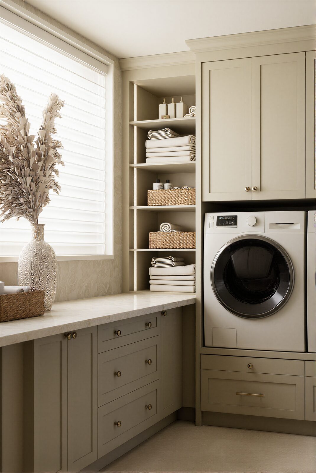 Utility space with tall storage and marble backsplash