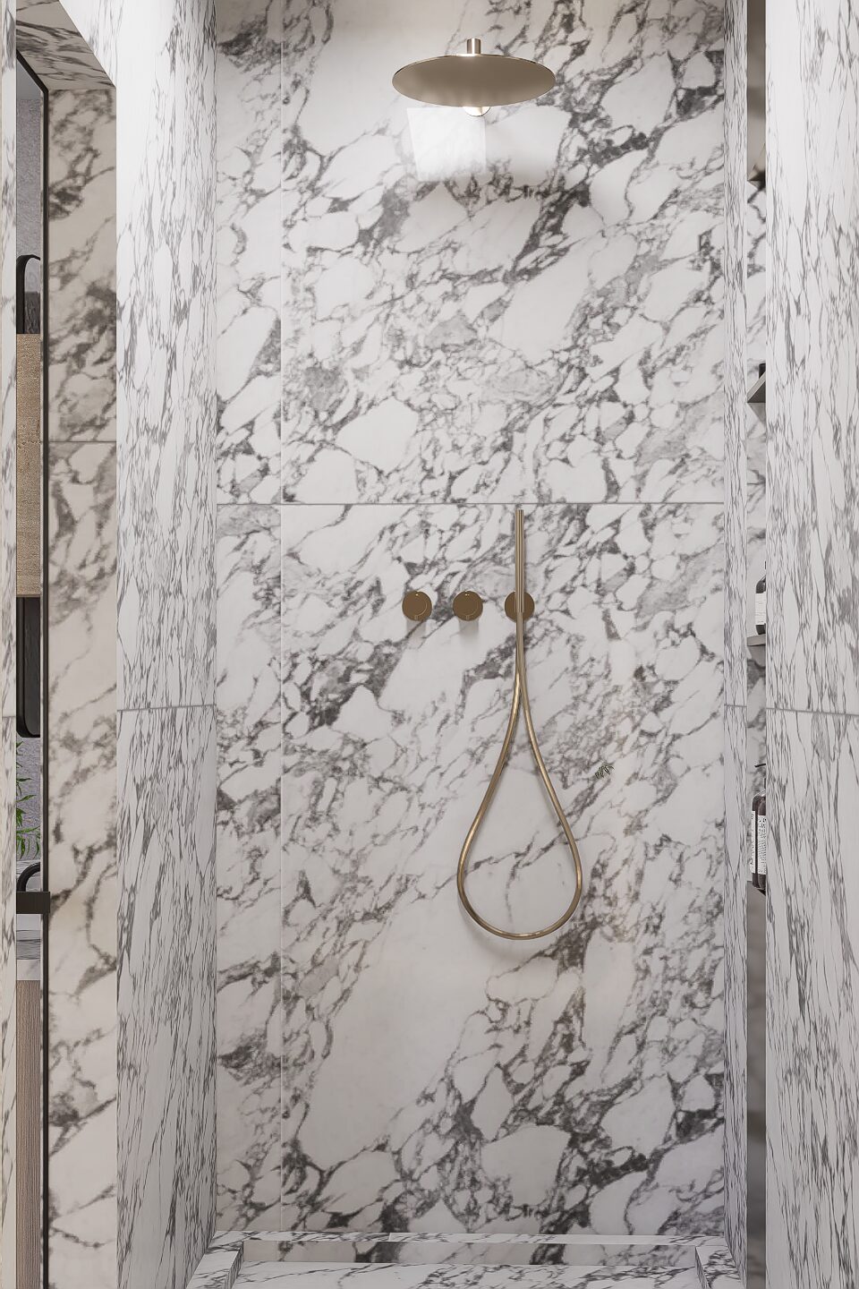Bathroom with elegant fixtures and natural stone