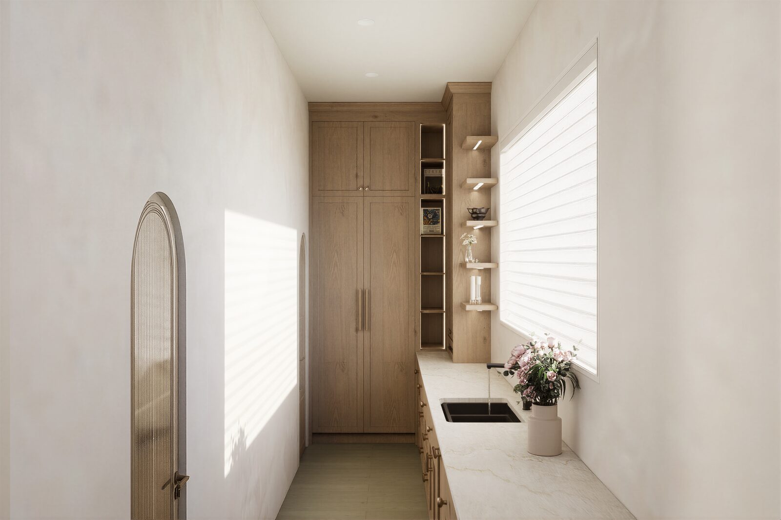 Hallway with curated art and warm lighting