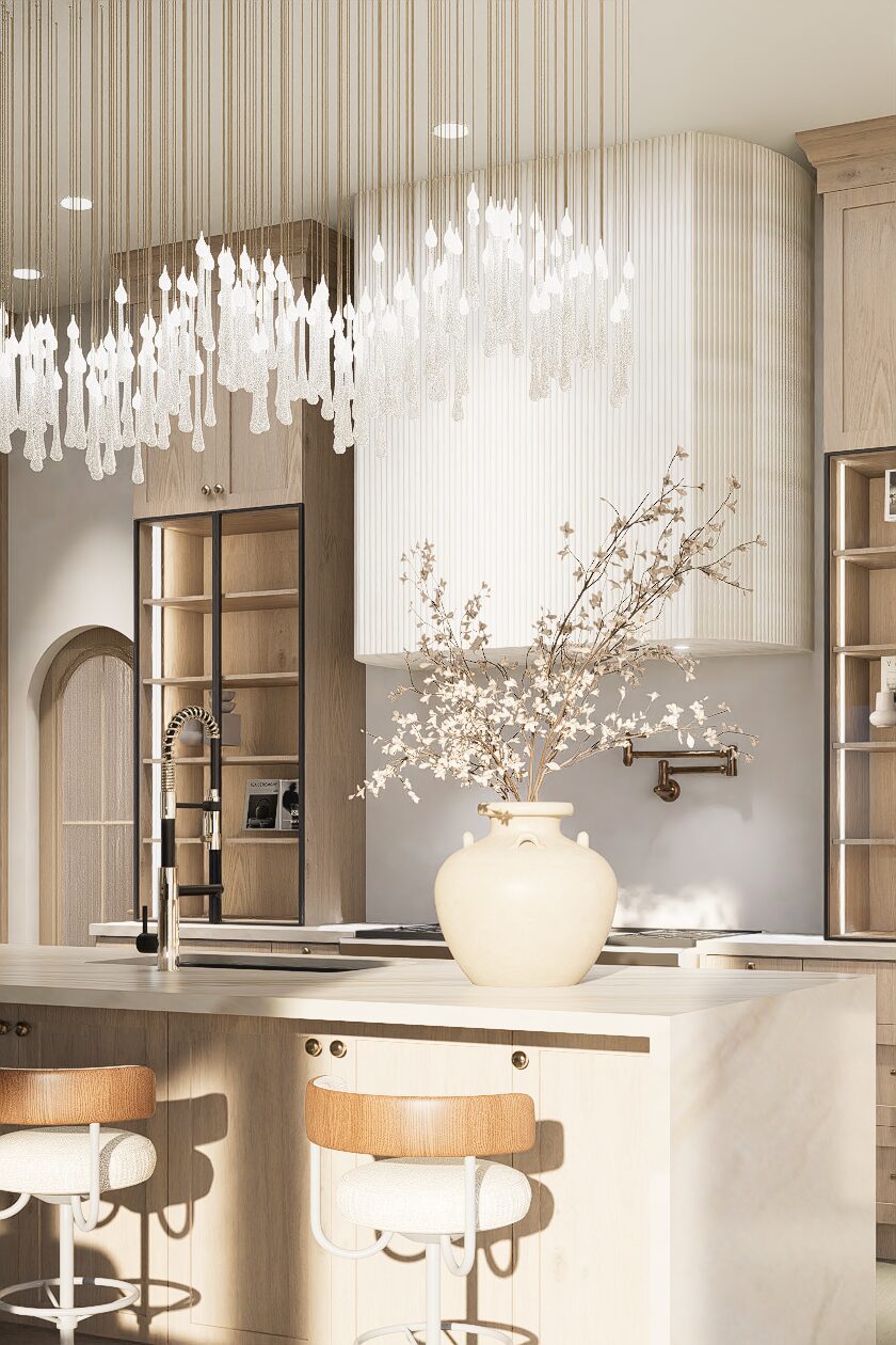 Kitchen with marble island and warm timber cabinetry