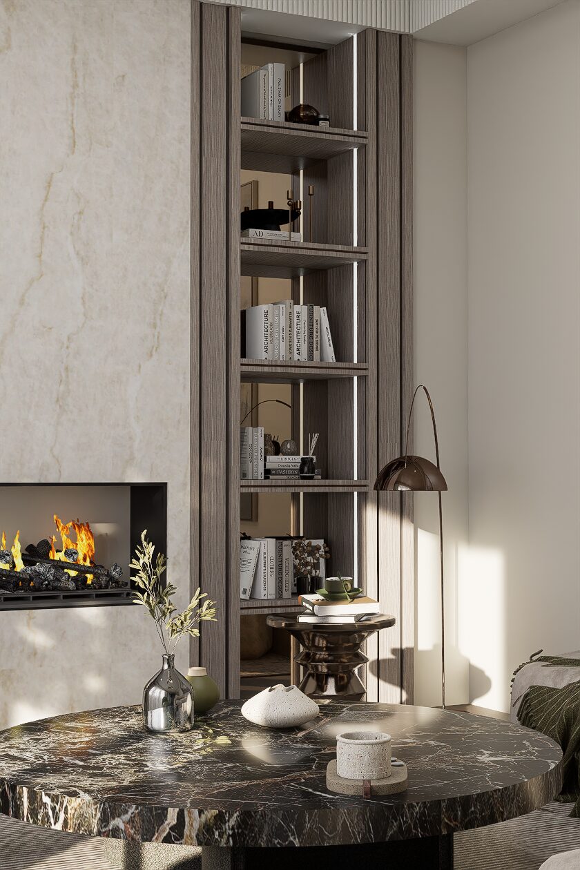 Fireplace and bookshelf joinery — right view