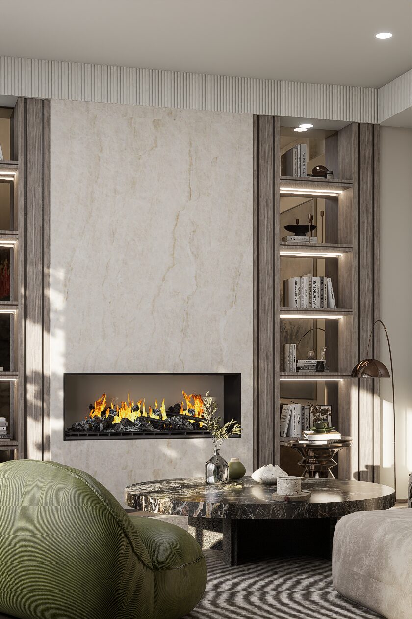 Living room with fireplace and custom bookshelf joinery