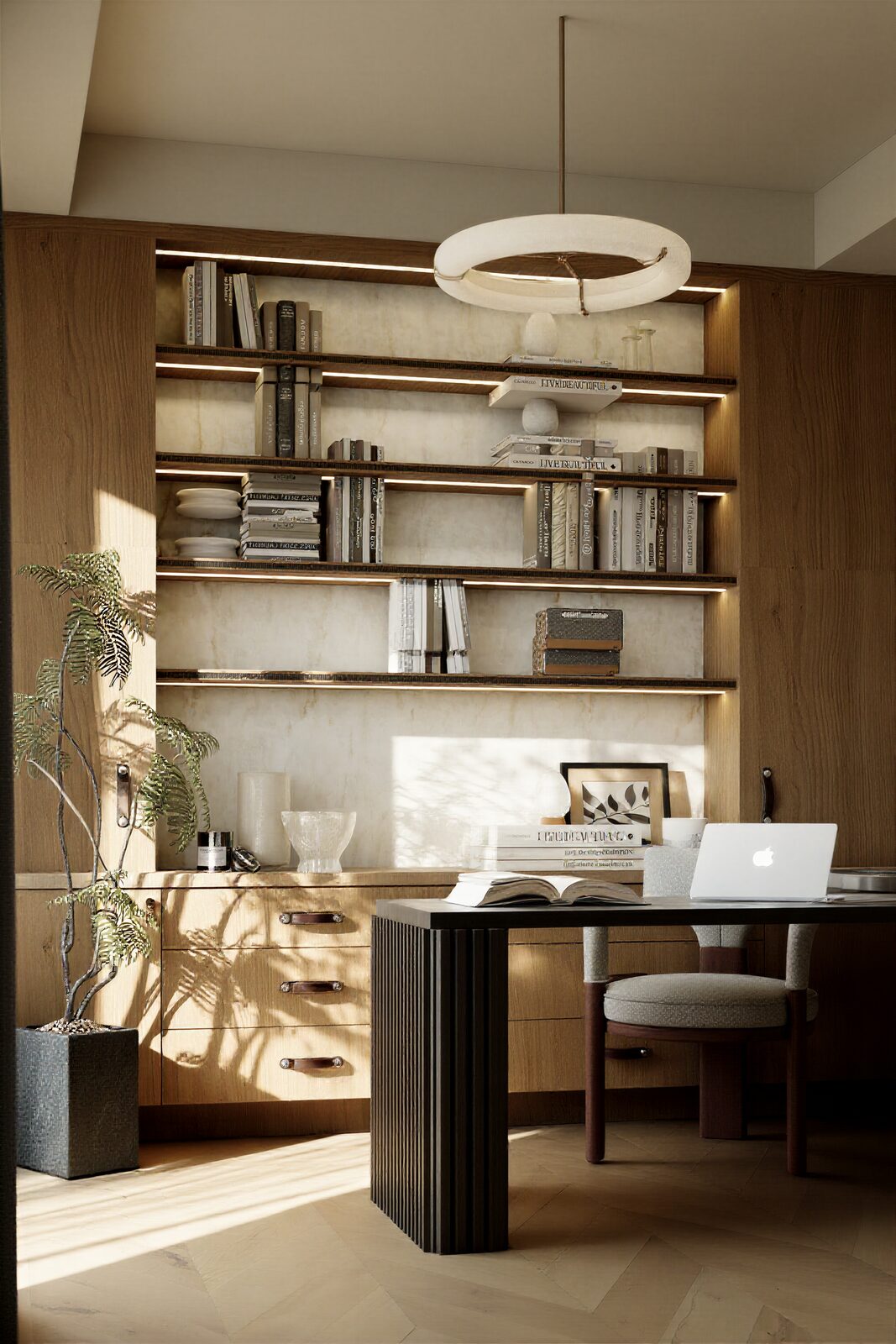 Open plan living with warm timber and stone details